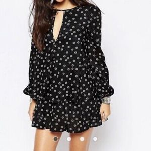Free People Ny Printed Beck Mini Dress Womens Small Petite Black Floral